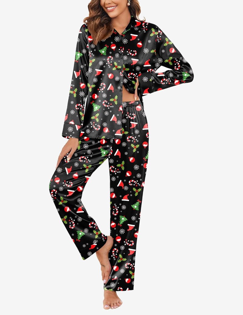 Silk satin pajama set, black holiday print with red/white details, matching long pants