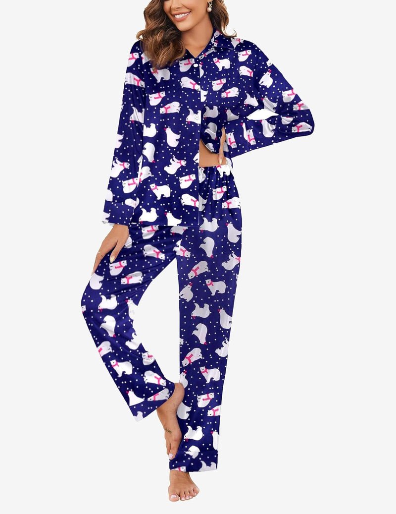 Silk satin pajama set, navy with animal print, button-front top and long pants
