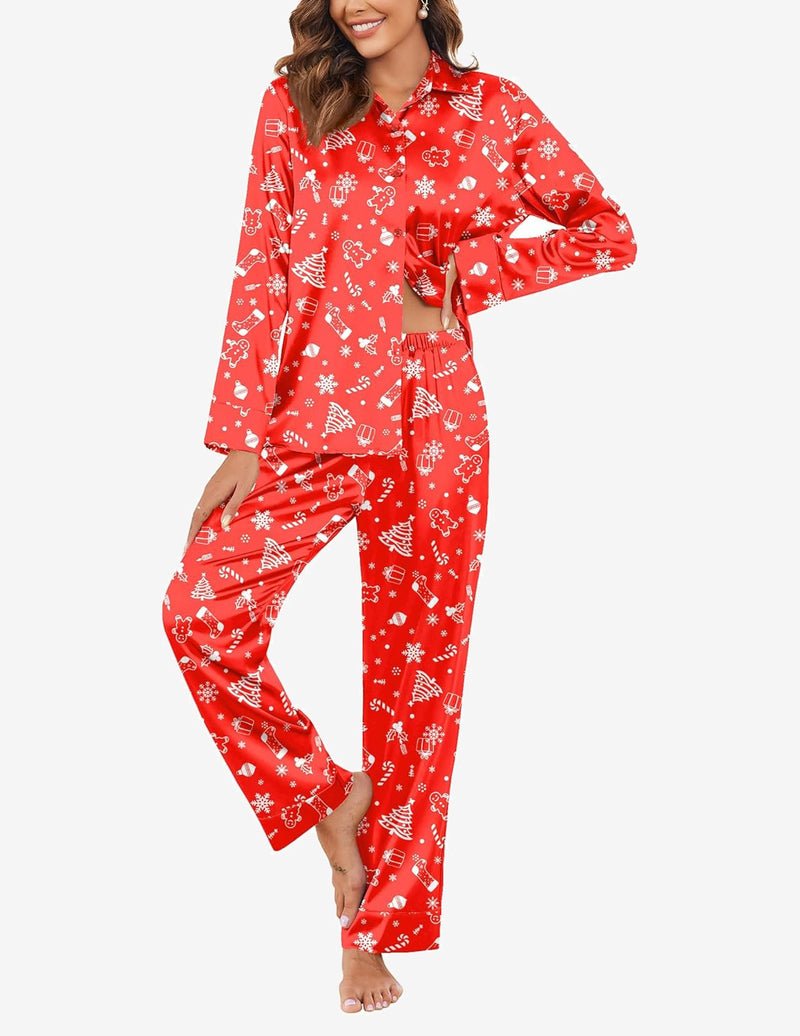Silk satin pajama set, red holiday print: button-front top and matching long pants