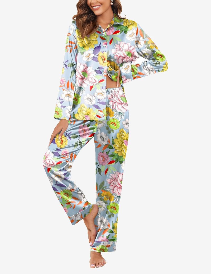 Silk satin pajama set with floral print, light blue long-sleeve top and pants