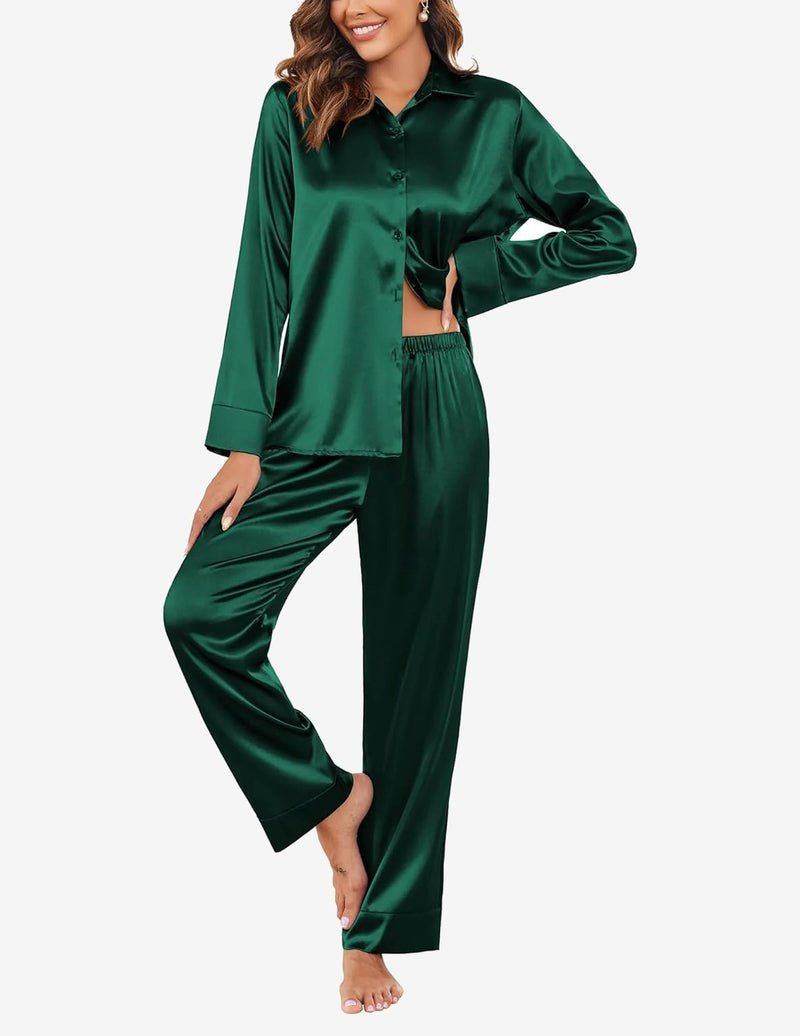 Silk satin pajama set in dark green, long-sleeve button top and matching pants