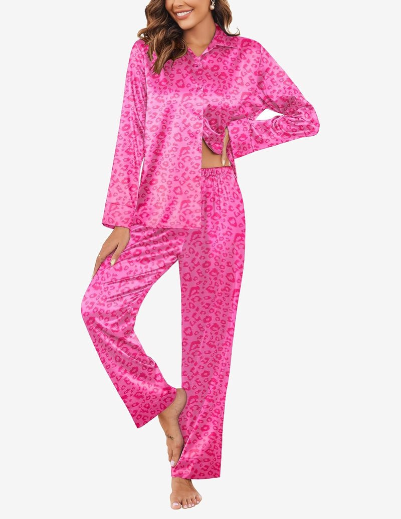 Pink leopard satin set: long-sleeve button shirt with elastic-waist pants