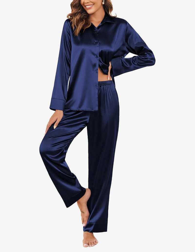Navy satin pajama set: long-sleeve button top and elastic-waist wide-leg pants