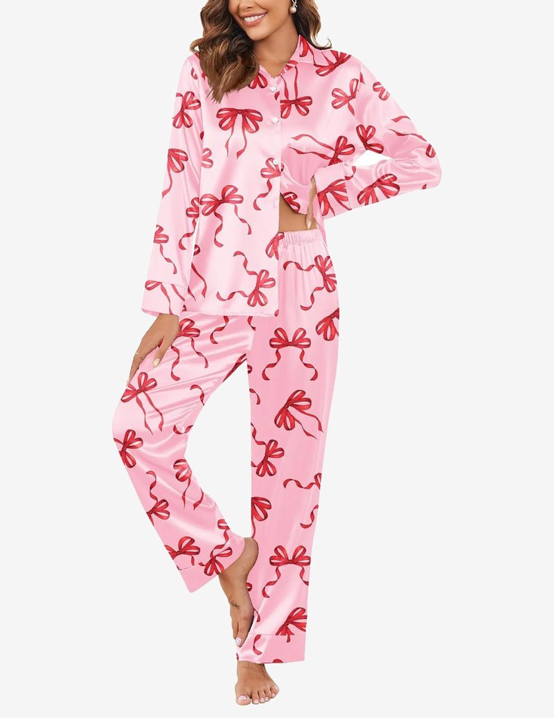Pink bow-pattern satin set: long-sleeve button top and elastic-waist pants