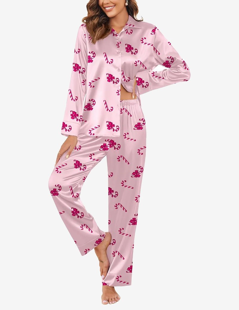 Blush pink satin set with playful motifs: long-sleeve button top, elastic-waist pants