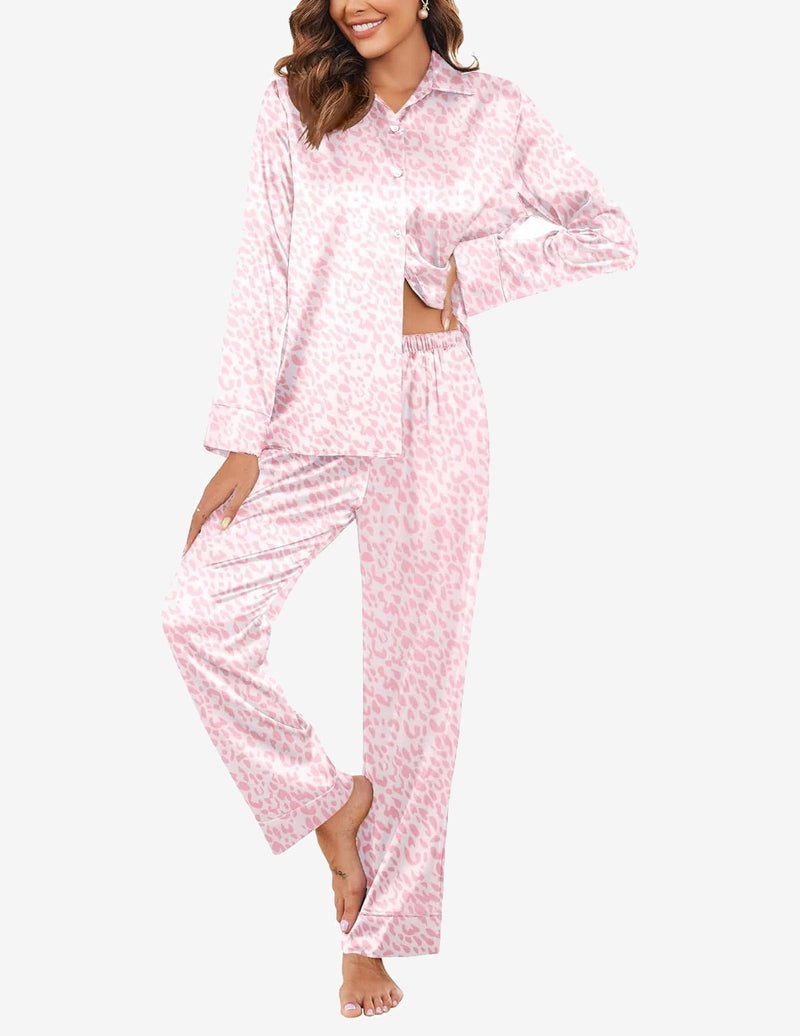 Light pink leopard satin set: long-sleeve button-up top and elastic-waist pants