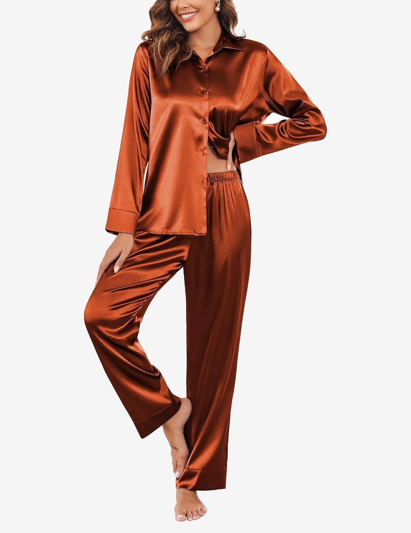 Copper brown satin pajama set: long-sleeve button top with elastic-waist pants