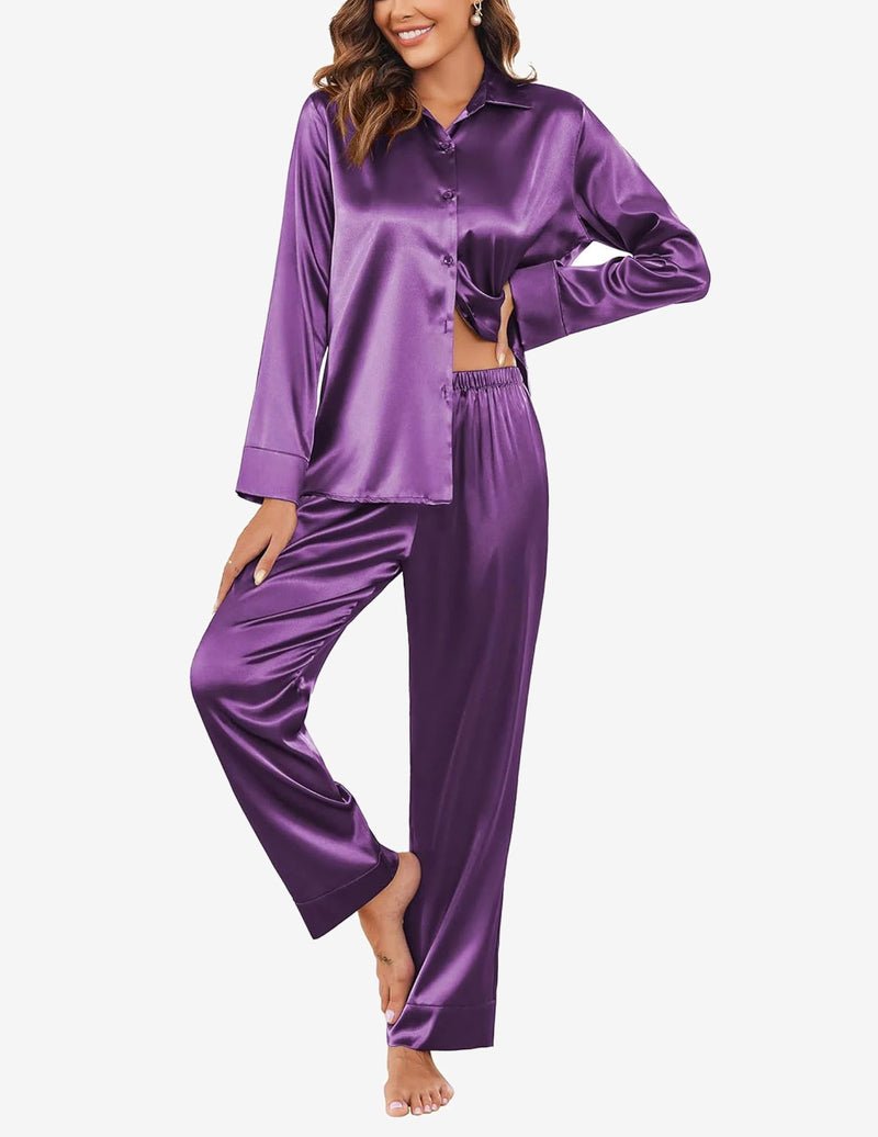 Purple satin pajama set: long-sleeve button top and elastic-waist wide-leg pants