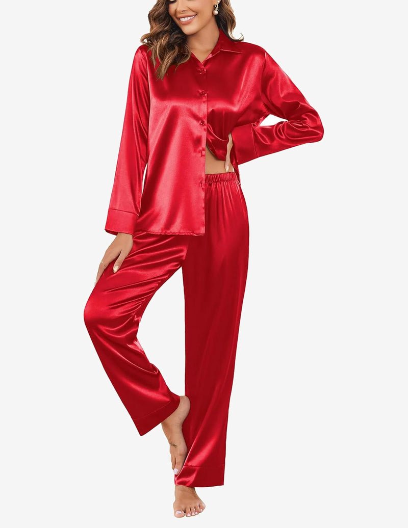 Red satin pajama set: long-sleeve button top and elastic-waist pants