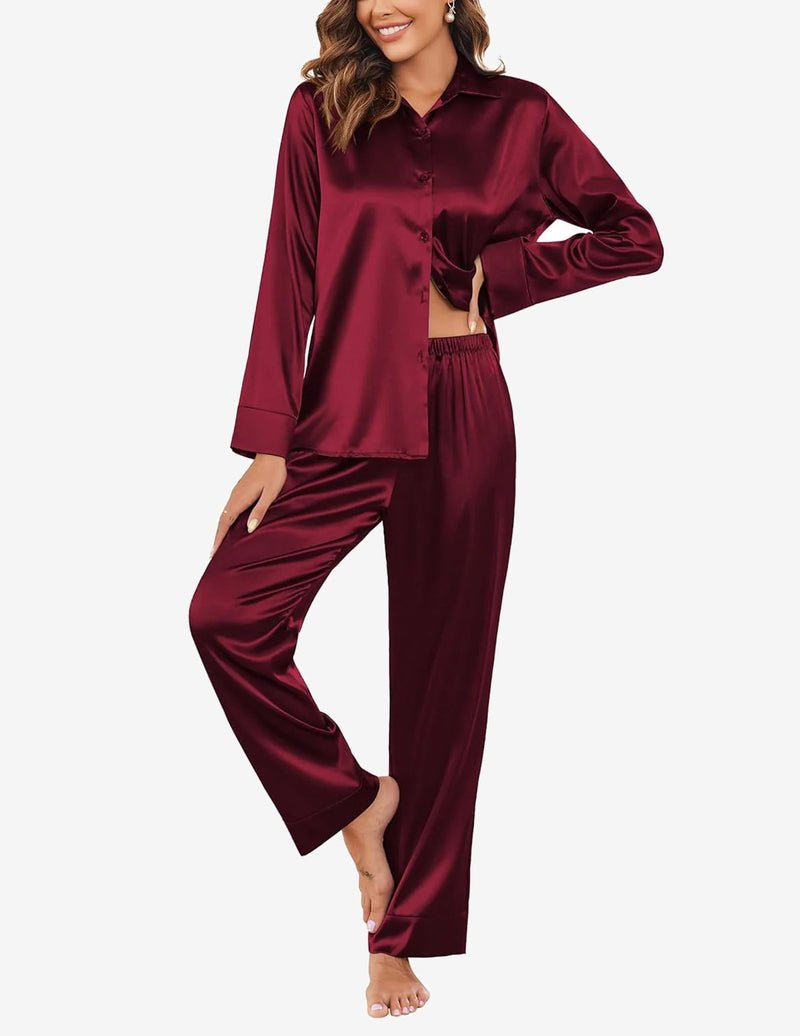 Wine red satin pajama set: long-sleeve button top and elastic-waist pants