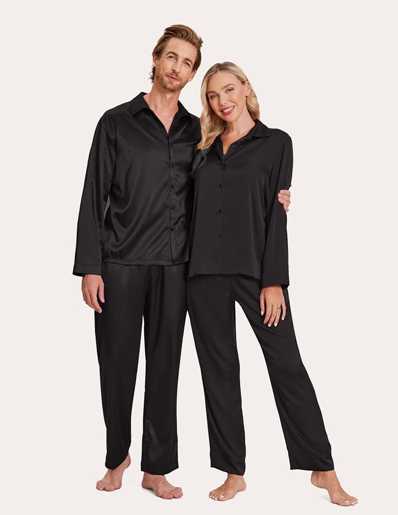 Black satin pajama set with button shirts and long pants, couples