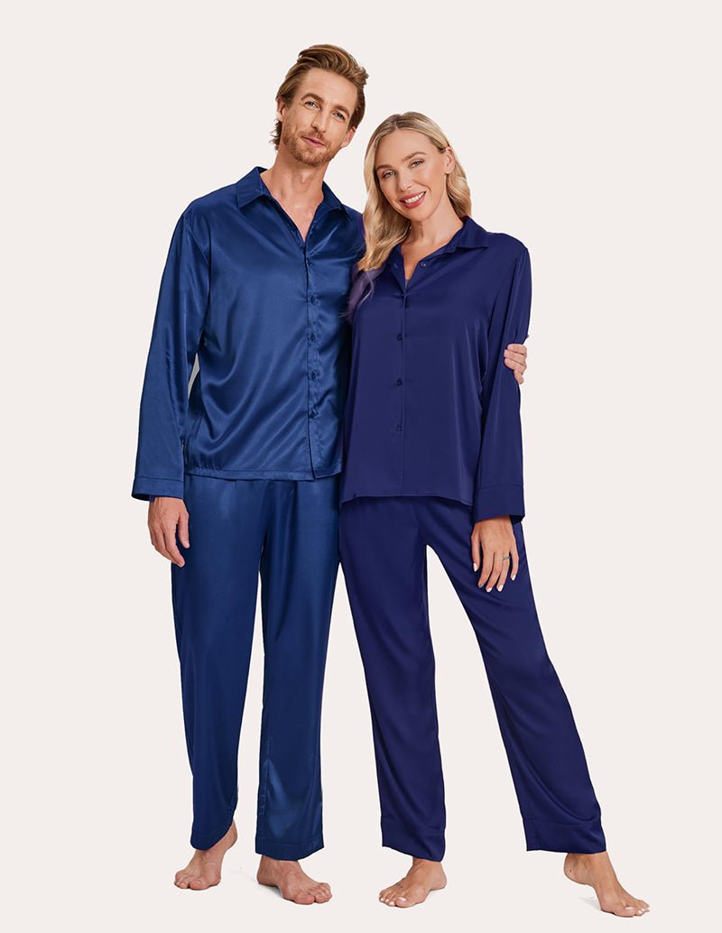 Blue satin pajama set with button shirts and long pants, couples