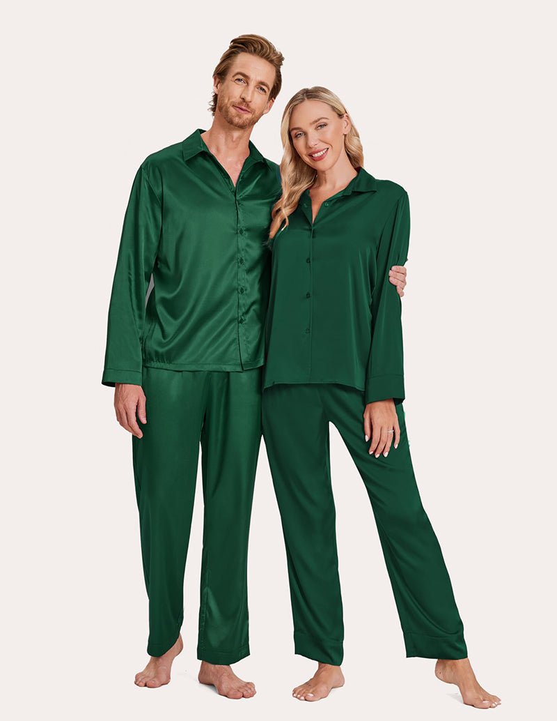 Green satin pajama set: button shirts and long pants, couples
