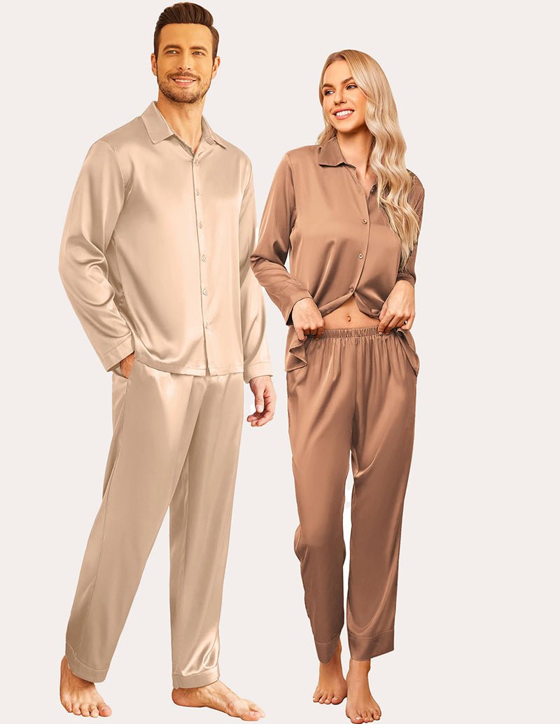 Khaki satin pajama set with button shirts and long pants, couples