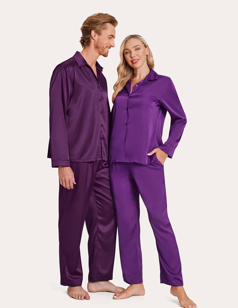 Purple satin pajama set: button shirts and long pants, couples