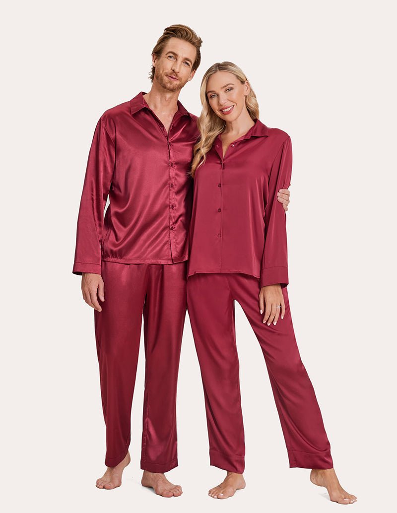Wine red satin pajama set: button shirts and long pants, couples