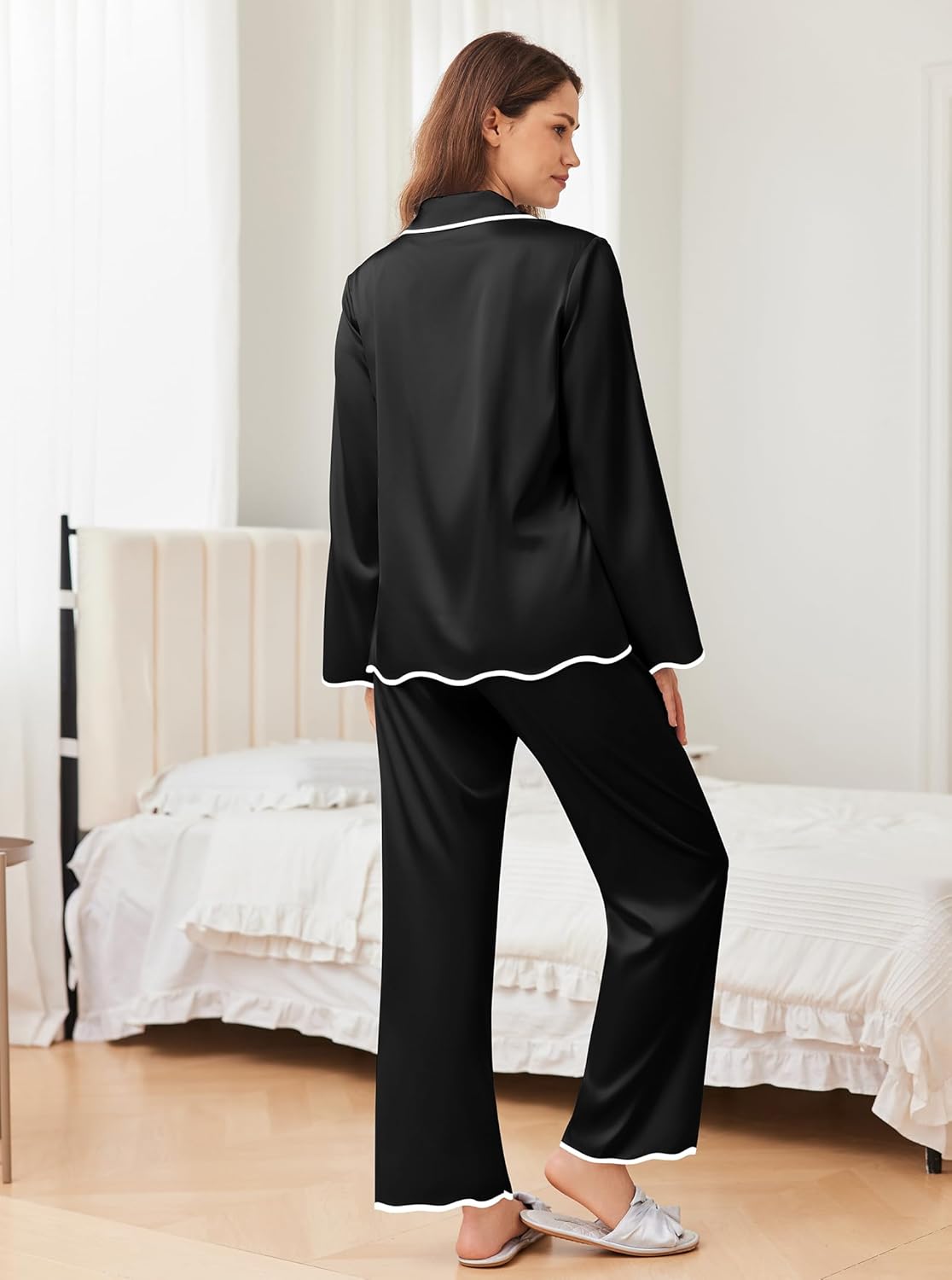 Silk satin pajama set, black solid with white-trim back and wide-leg pants