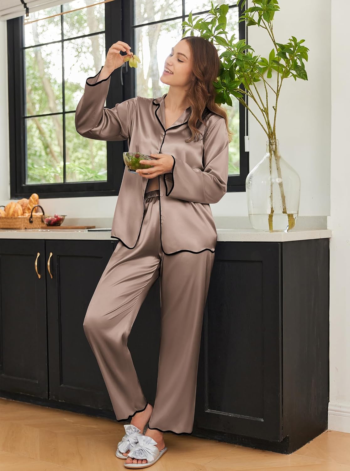 Silk satin pajama set, taupe solid with black piping, long-sleeve button top and pants
