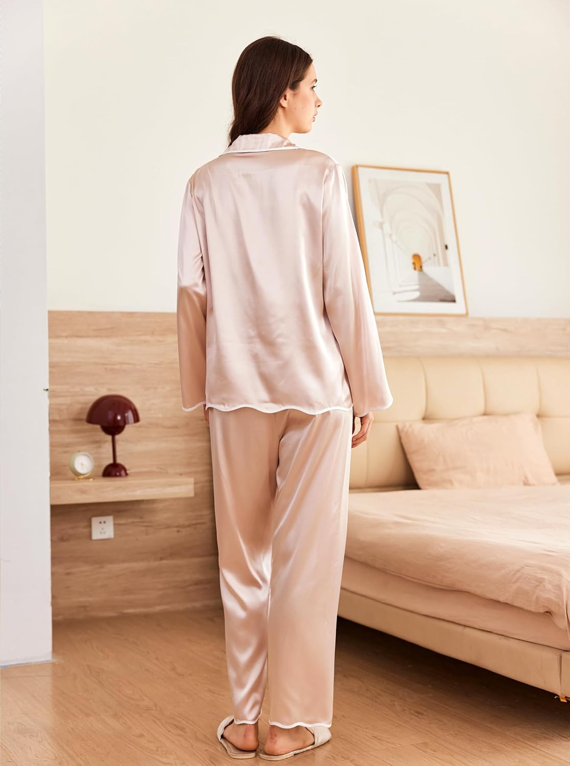 Light pink silk satin pajama set, button-up top and straight-leg pants (back view)