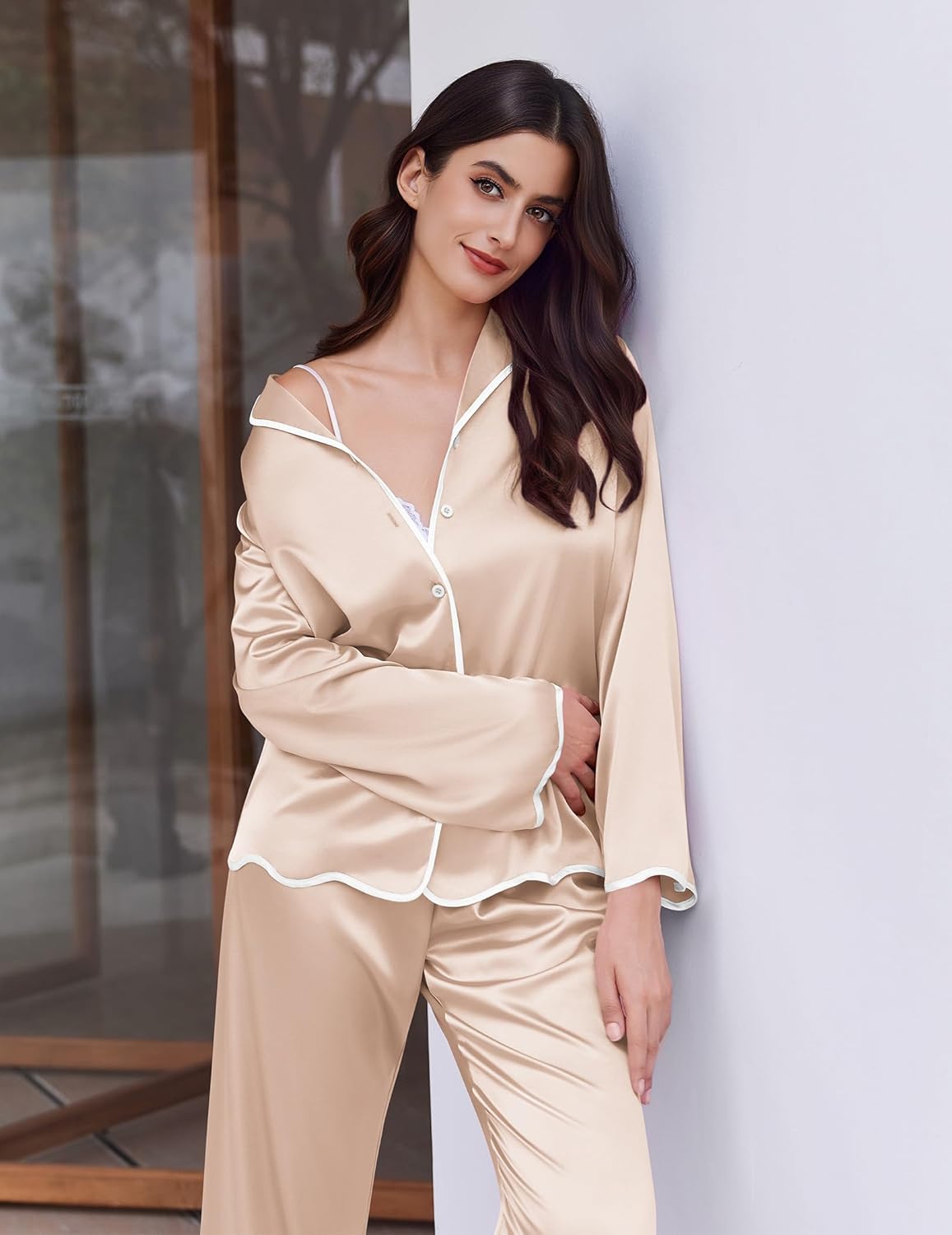 Silk satin pajama set, champagne/beige solid with white piping, button-front top
