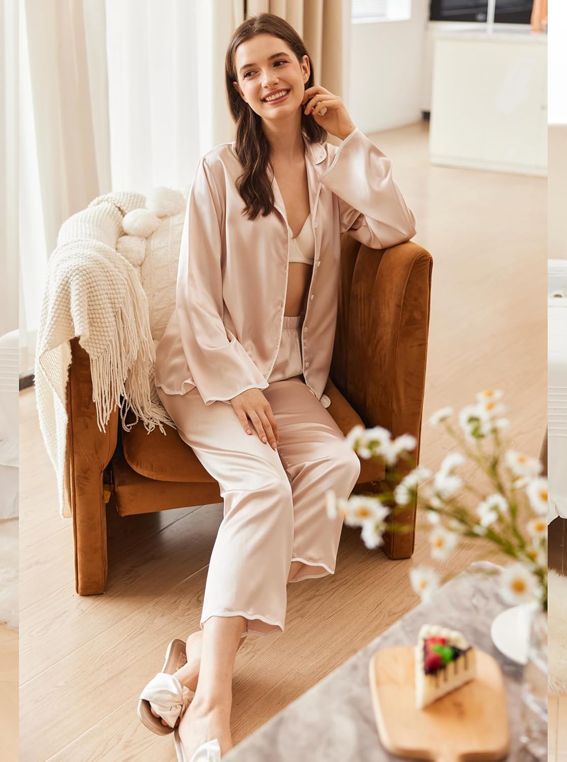 Light pink silk satin pajama set with button-front top and cropped straight-leg pants