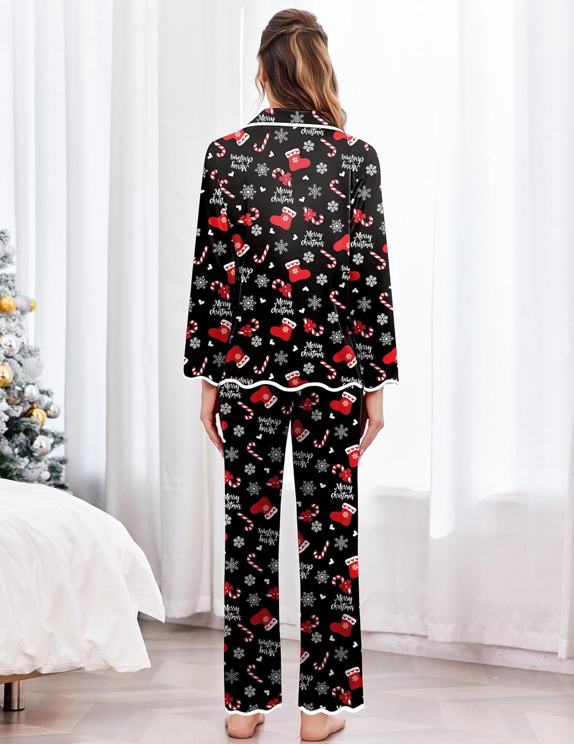 Silk satin pajama set, black with Christmas print, back view with long pants