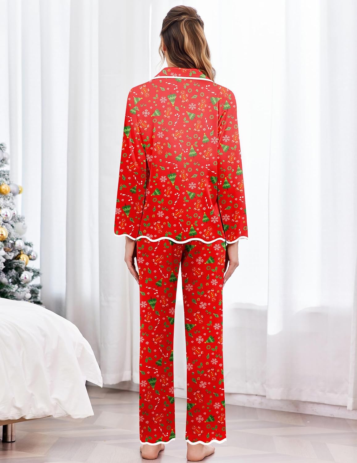 Red Christmas printed satin pajama set for women, button-up top and matching pants