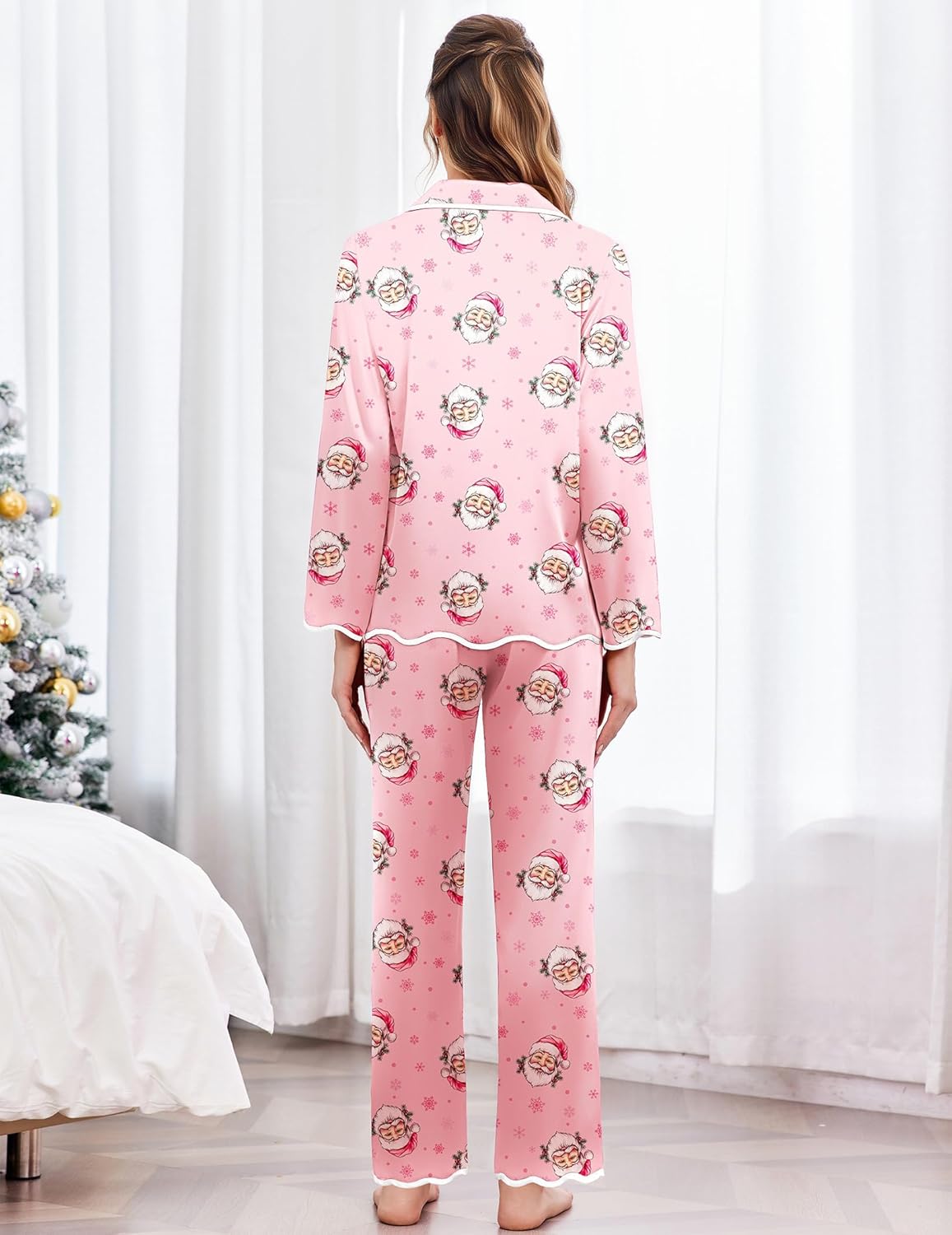 Christmas-pink Santa printed pajama set from back view: long-sleeve top and long pants