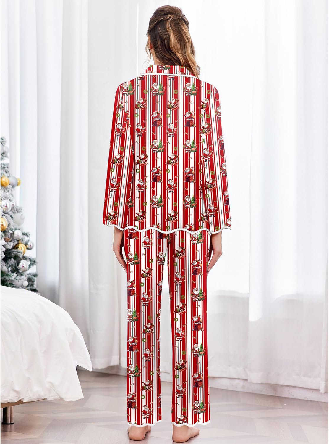 Festive striped pajama set from back: long-sleeve top with loose fit and long pants