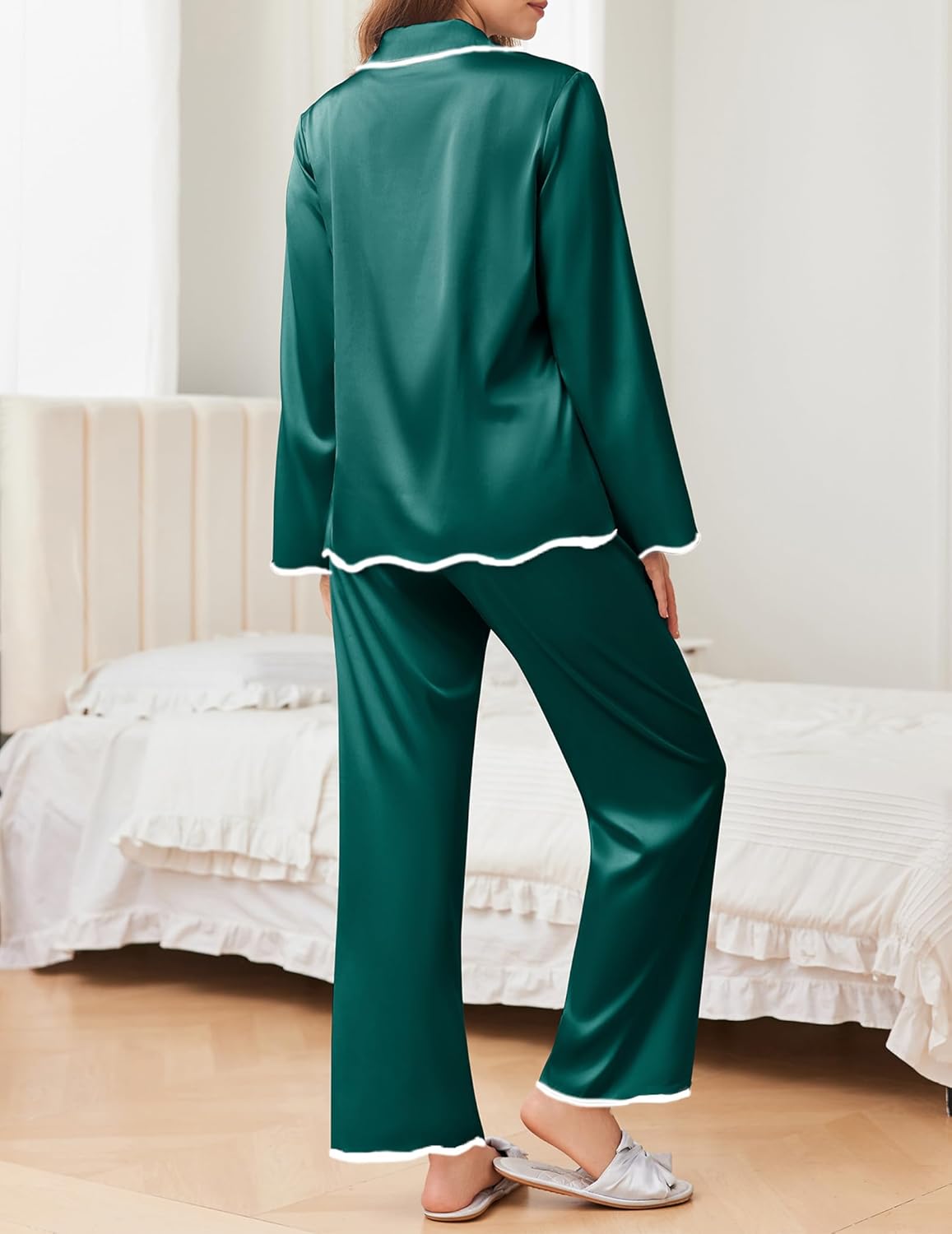 Gossamer Green pajama set from back: long-sleeve top and straight-leg long pants