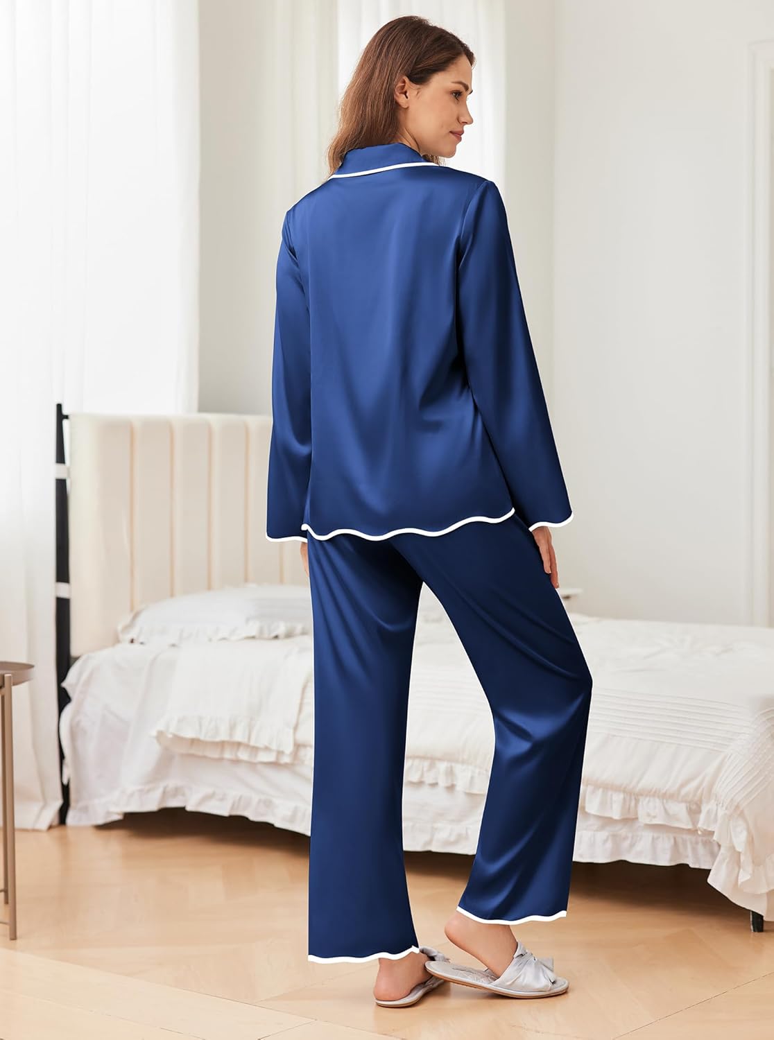 Navy silk satin pajama set with white piping, button-up top and straight-leg pants (back)