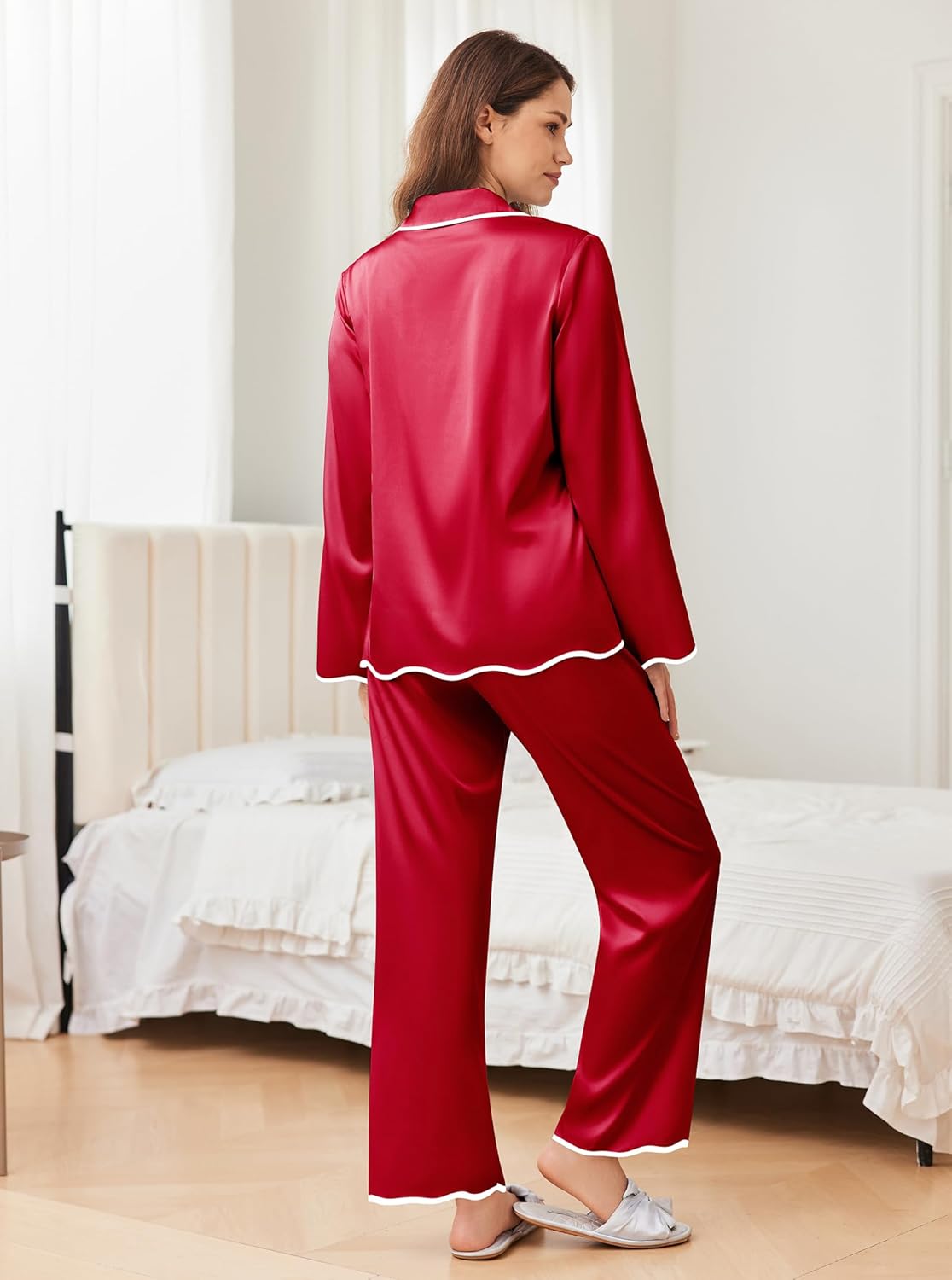 Wine-red satin pajama set for women, back view with wavy trim and wide-leg pants
