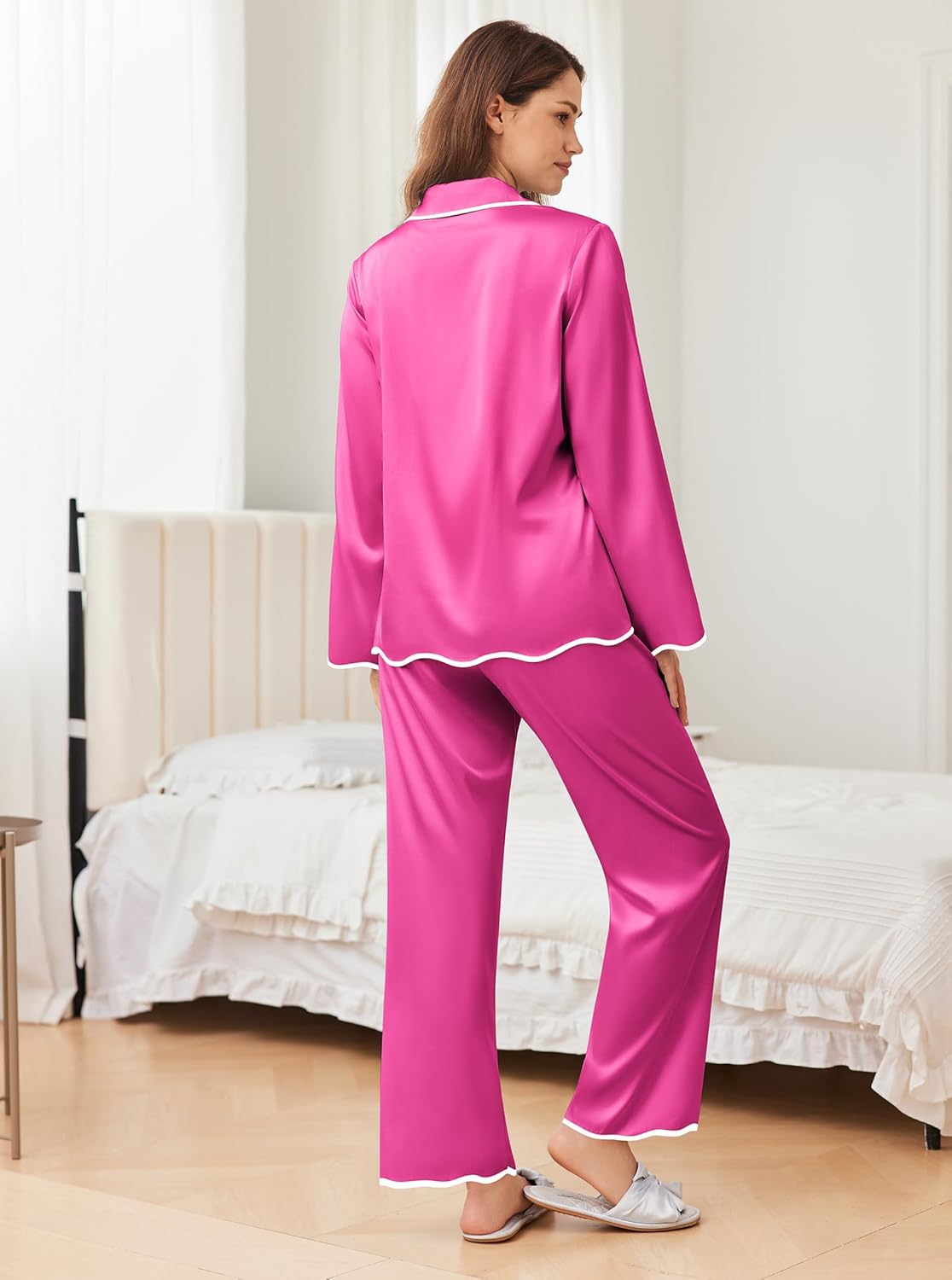 Rose pink satin pajama set for women, back view with wavy trim and wide-leg pants
