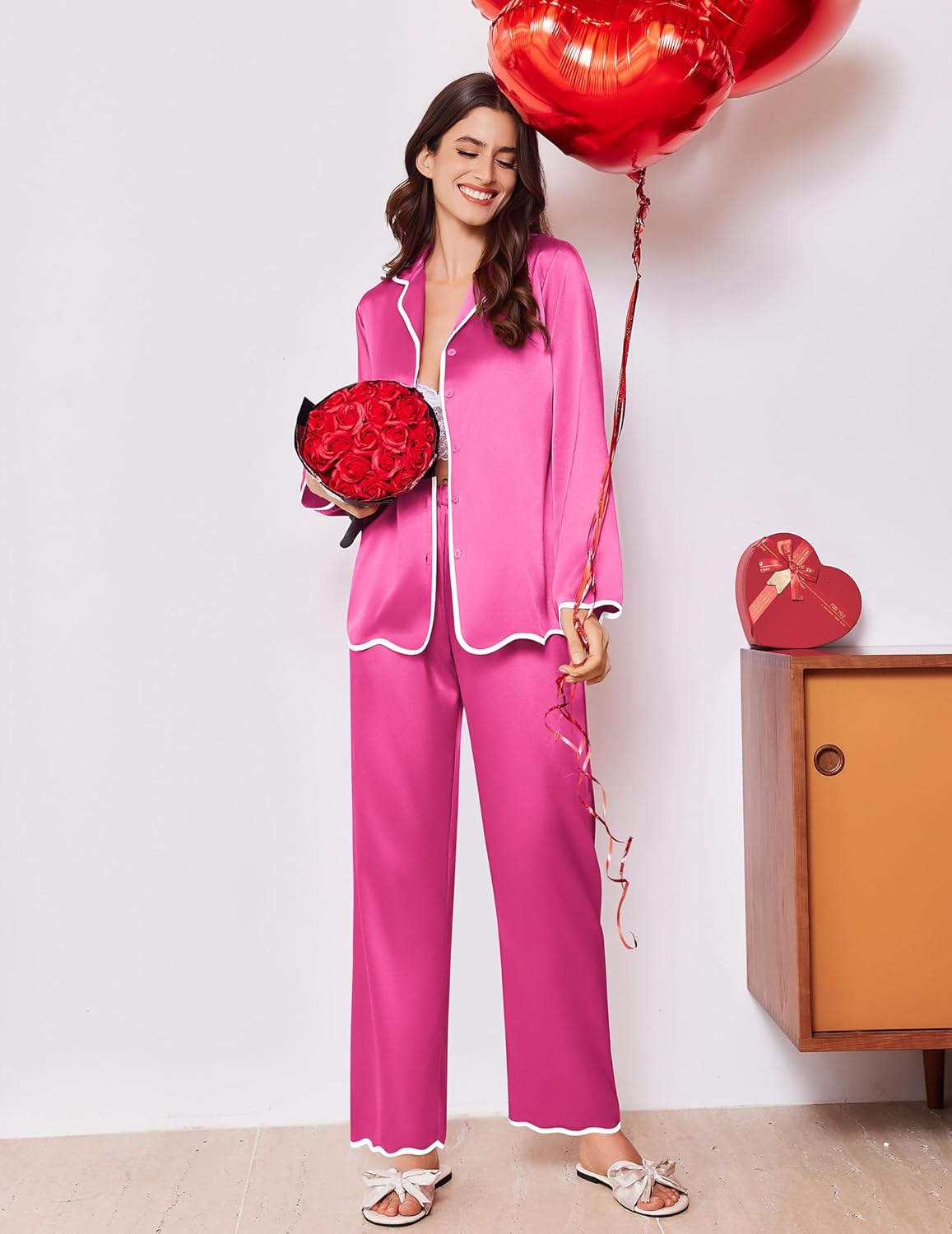Women’s satin pajama set, rose pink with contrast piping and long sleeves