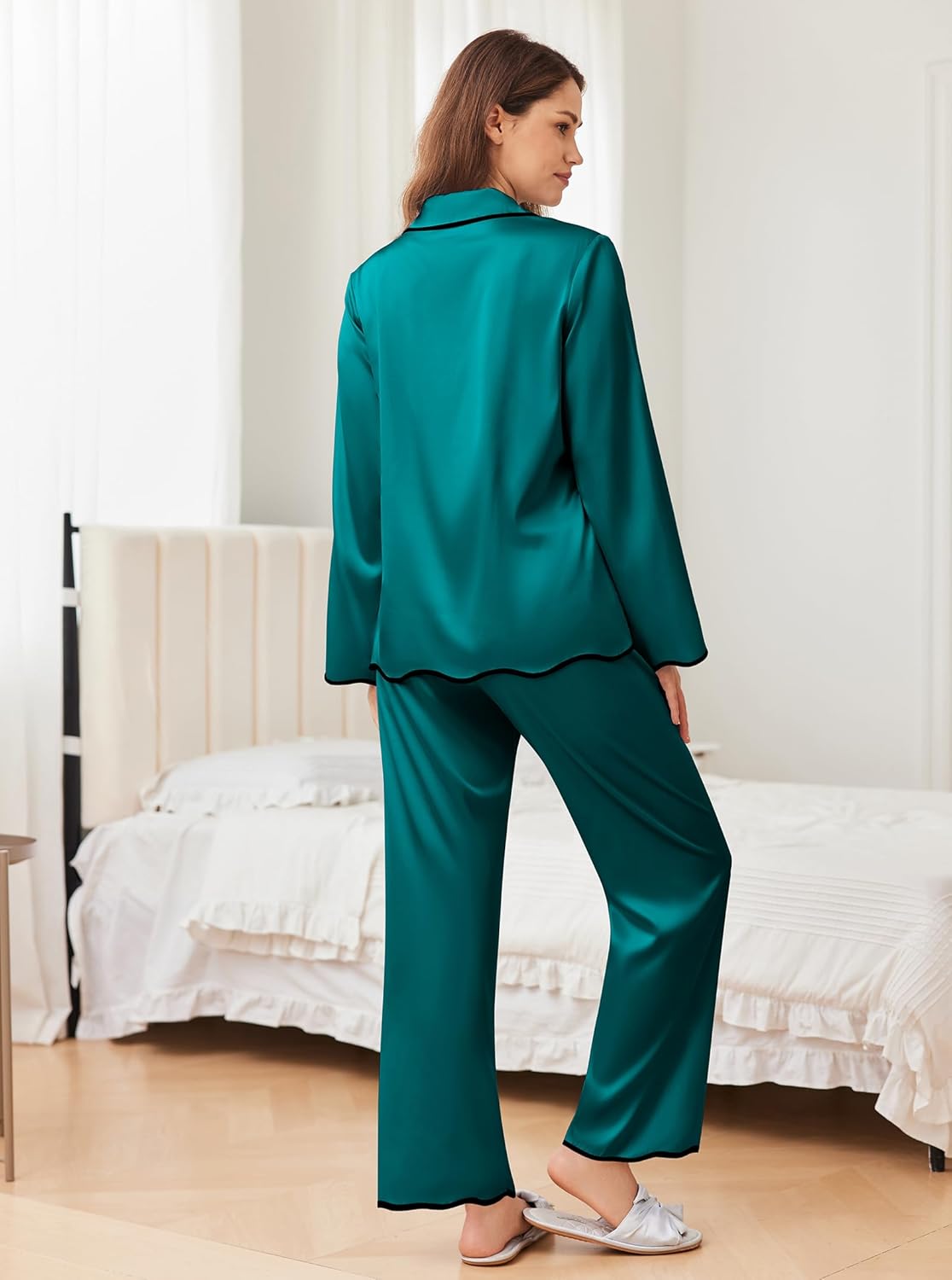 Back view: gossamer green satin pajama set with long sleeves and straight-leg pants