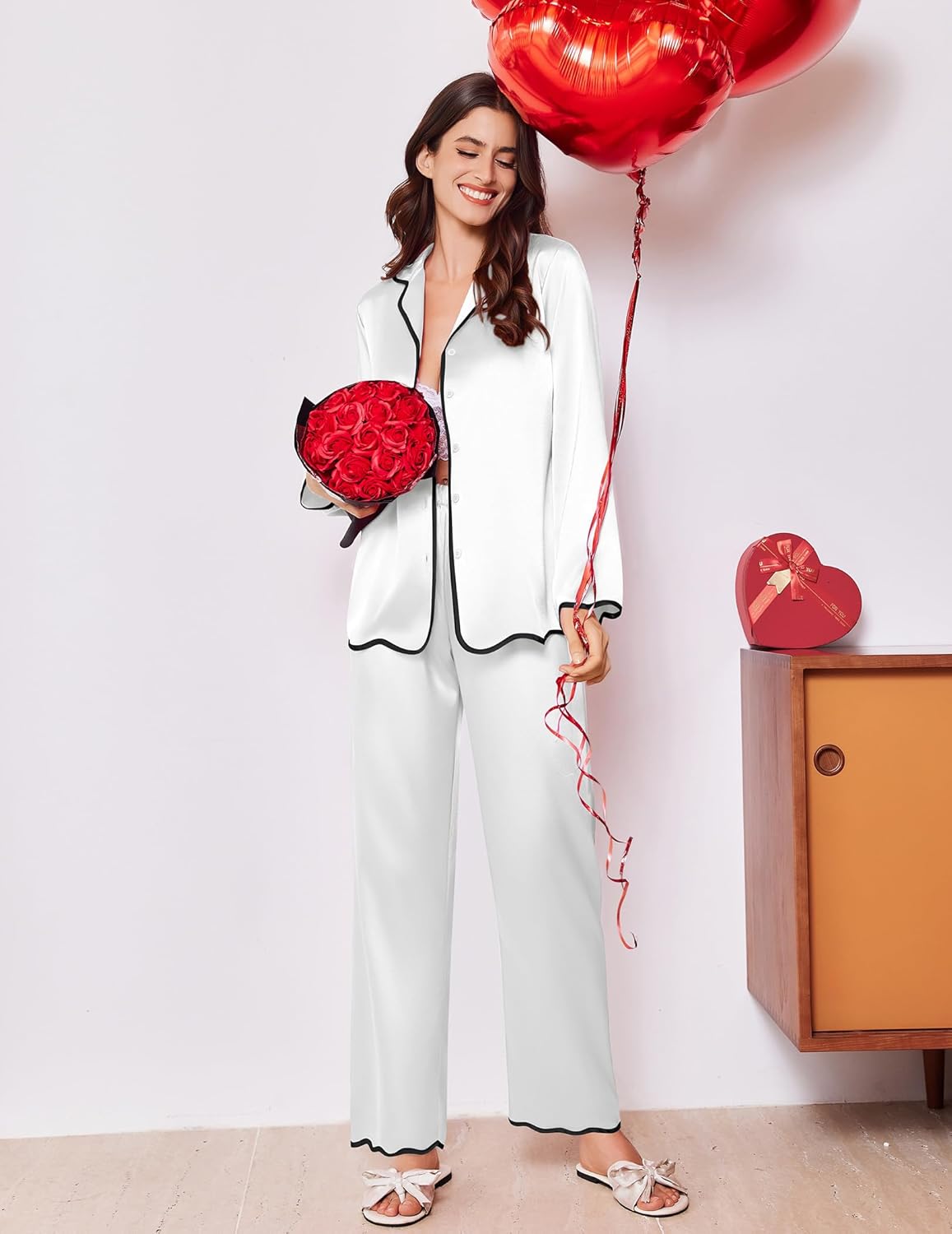 Women’s satin pajama set in white with contrast piping, button-front top and pants