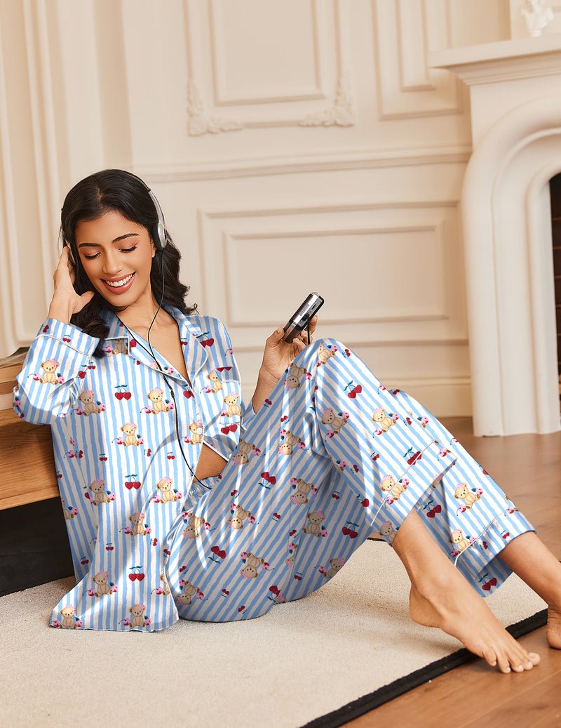 Blau gestreiftes Schlafanzug-Set mit langen Ärmeln, Teddy-Print, offene Knopfleiste