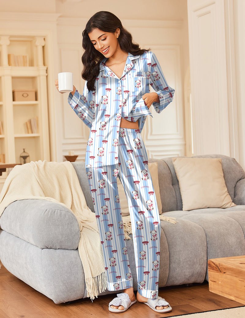 Blau gestreifter Longsleeve-Schlafanzug mit Teddy-Motiv, knöpfbarer Oberteil und Hose