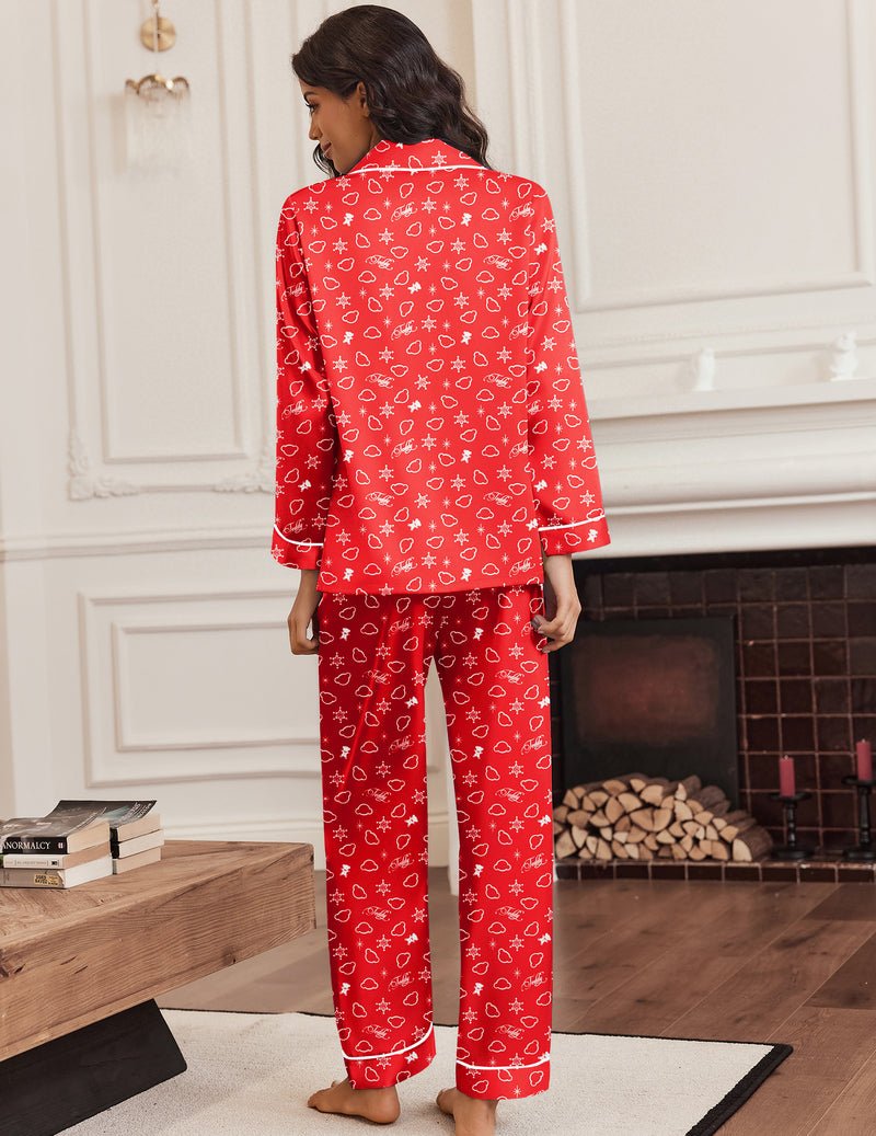 Red teddy Christmas pajama set, back view long sleeves and straight-leg pants