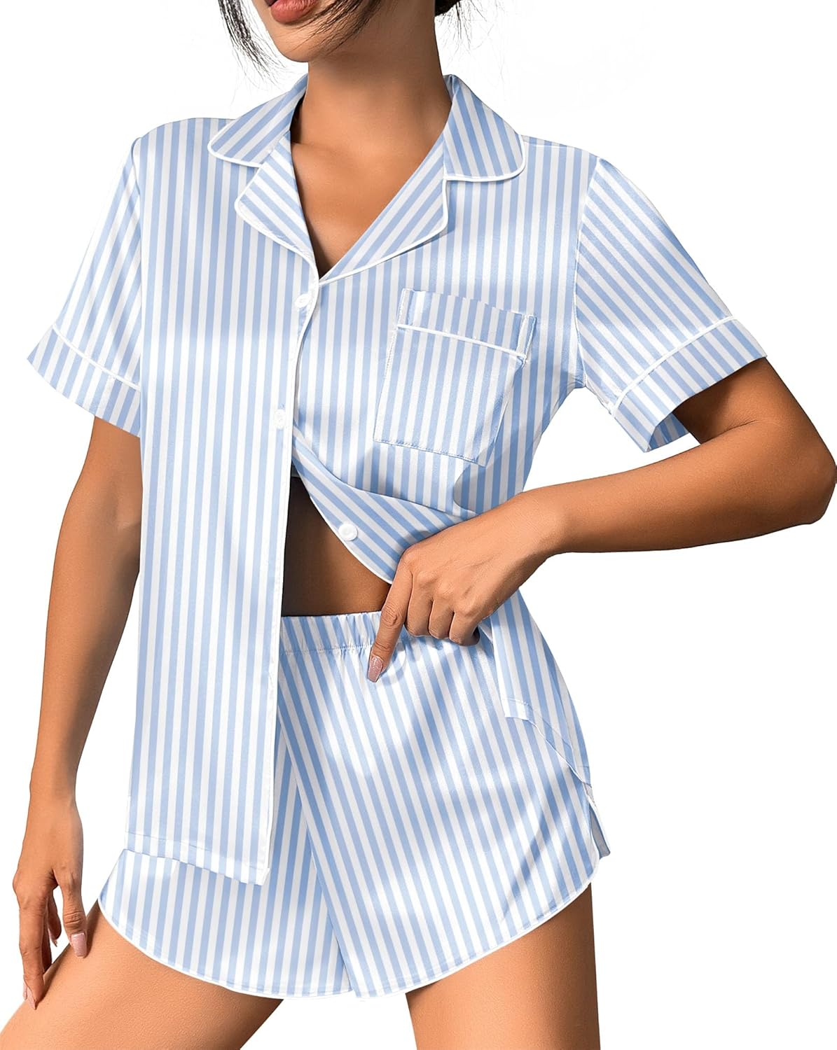 Light blue striped satin pajama set, collared button shirt top and shorts