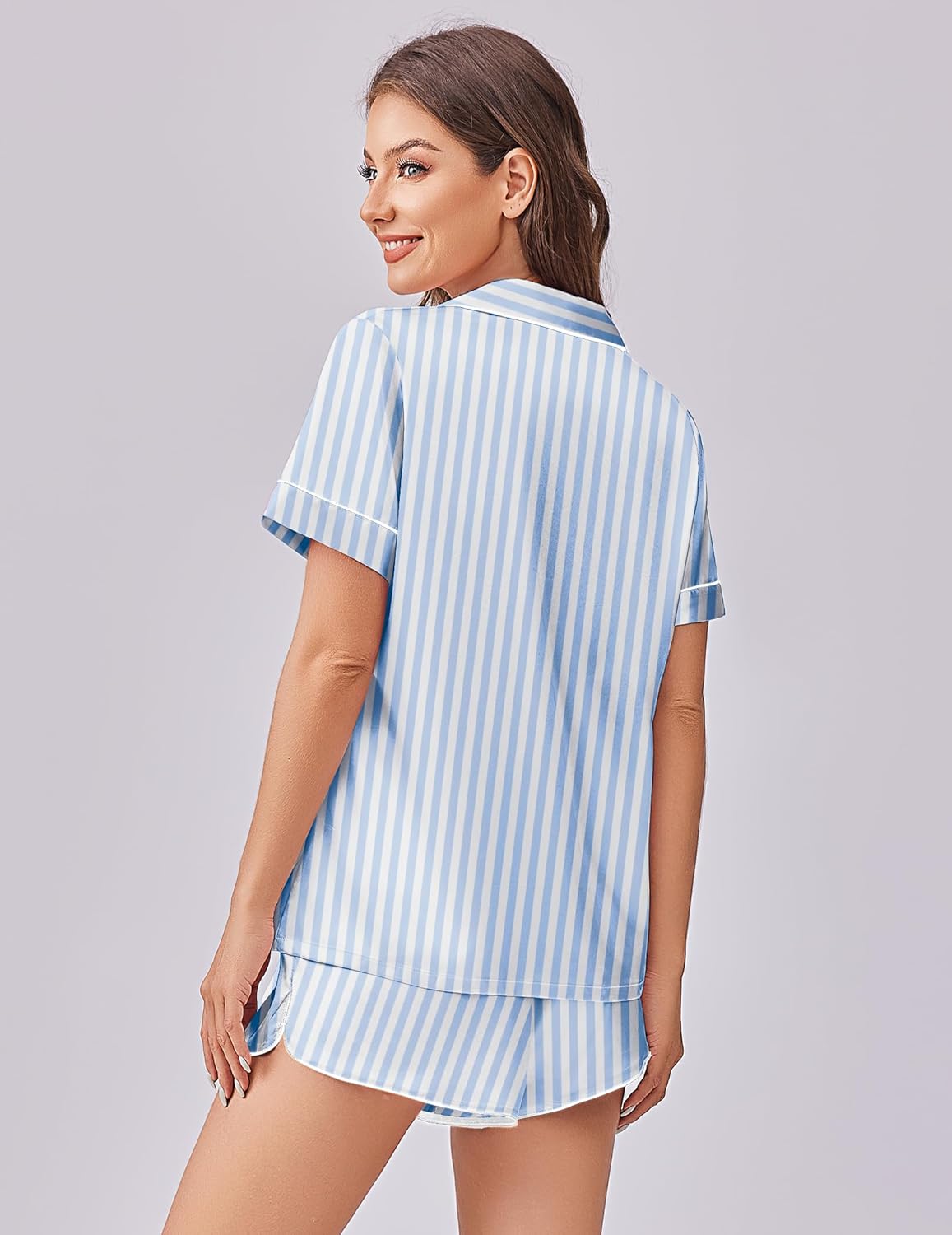 Light blue striped pajama shirt and shorts set, collared button front