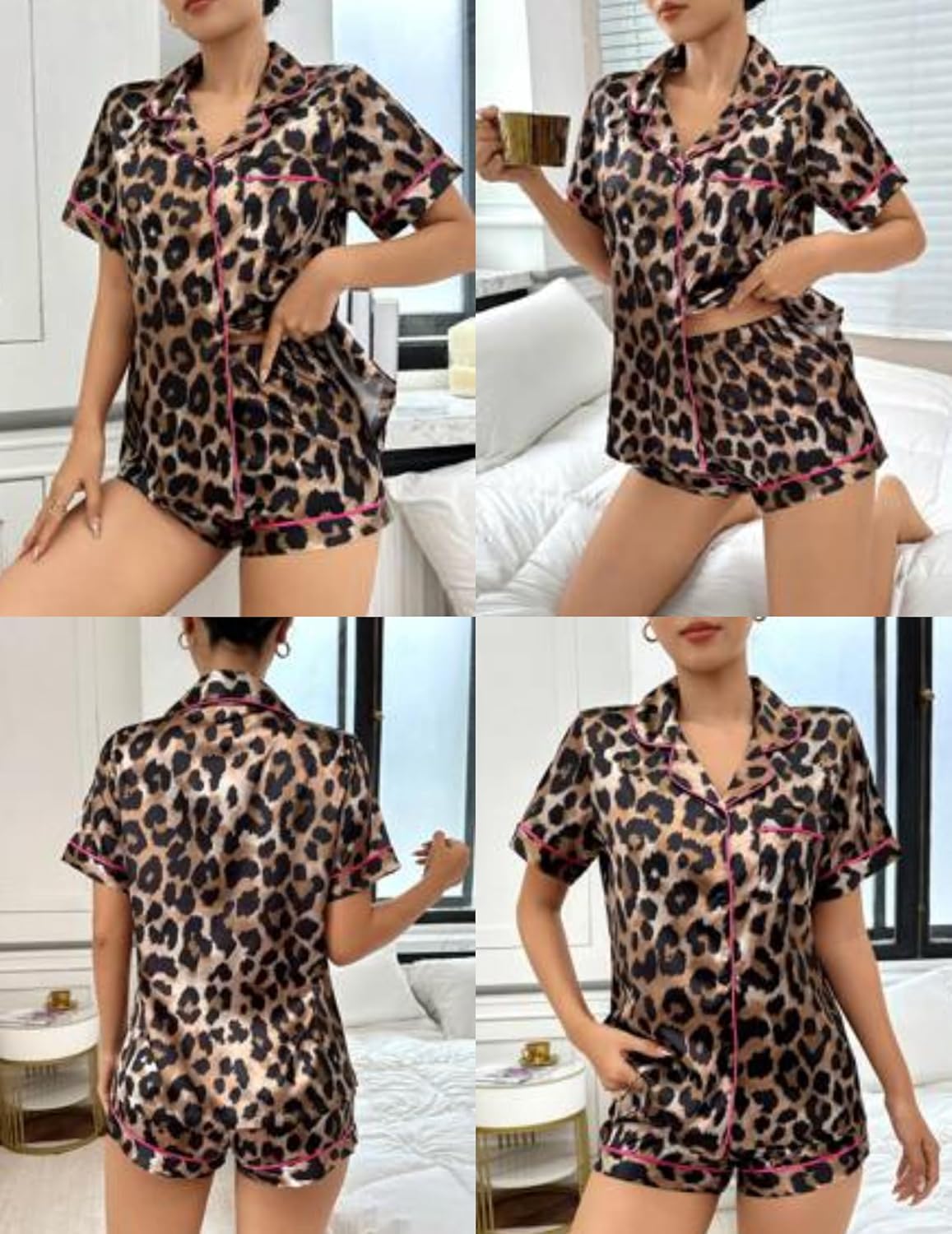 Leopard-print pajama set with short-sleeve button front and matching shorts, pink trim