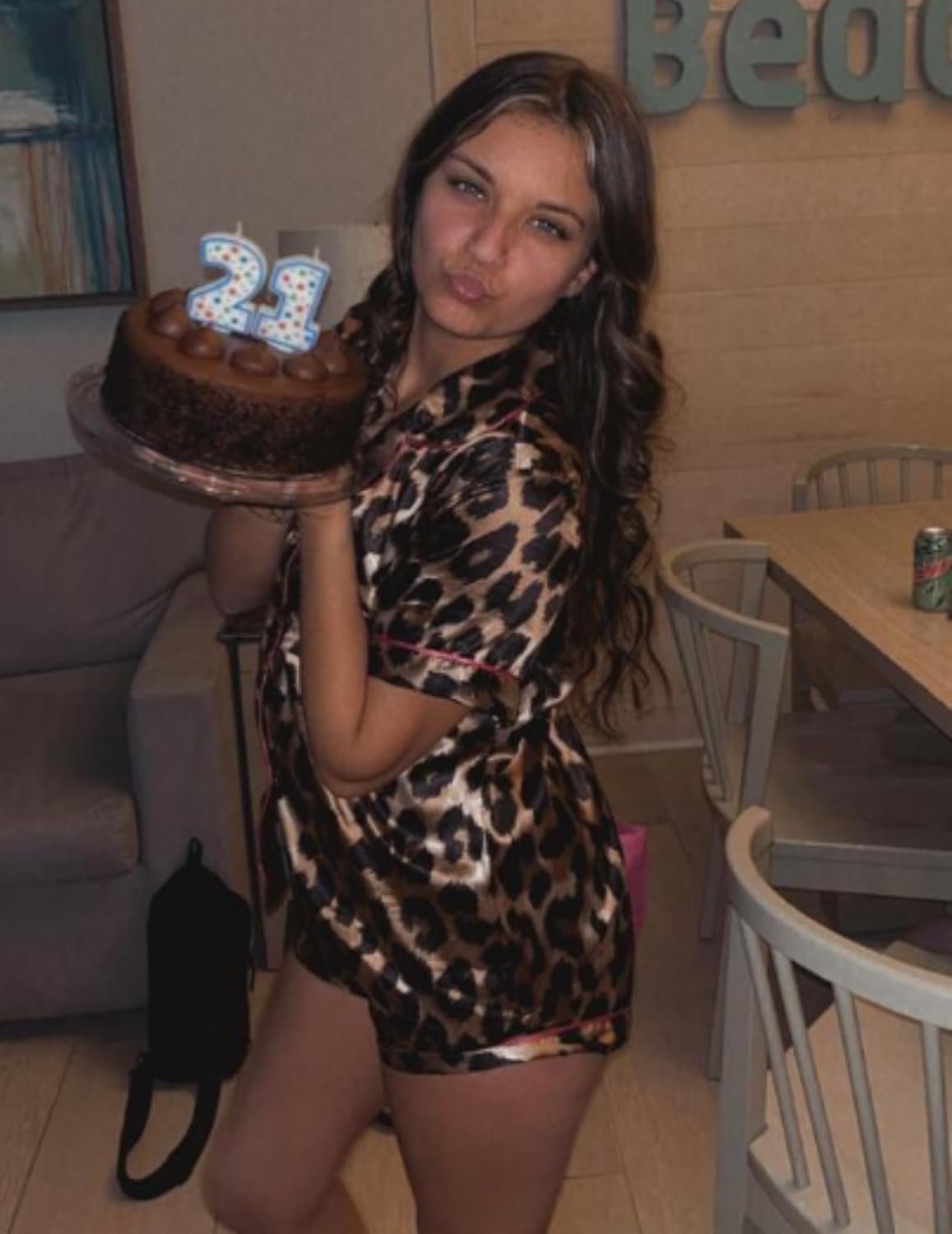 Leopard-print short pajama set with button front top and matching shorts, pink trim detail