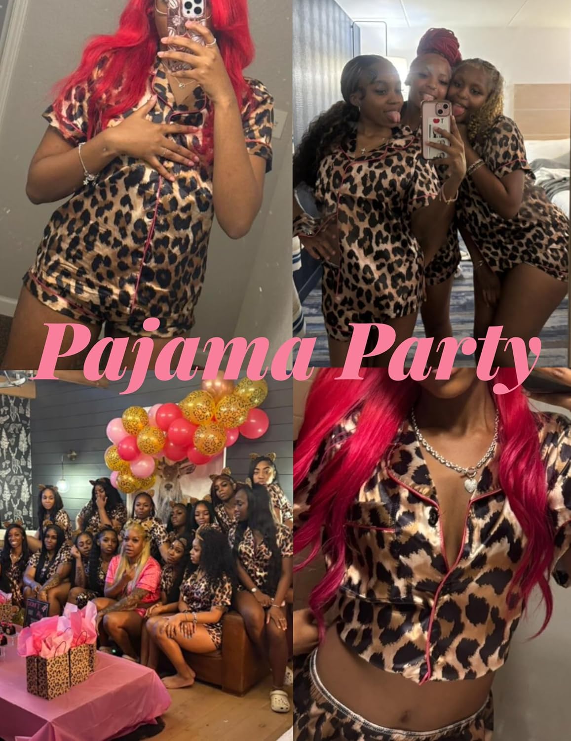 Leopard-print silk satin pajama set with button-down top and shorts, pink accent trim