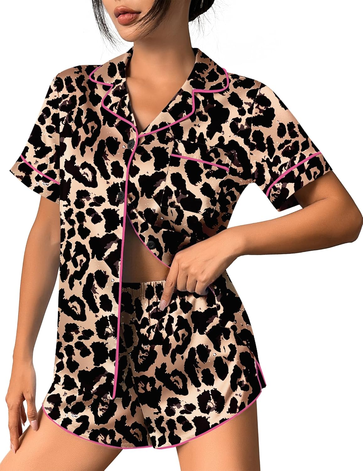 Brown leopard print satin pajama set with pink piping, button-up top and shorts