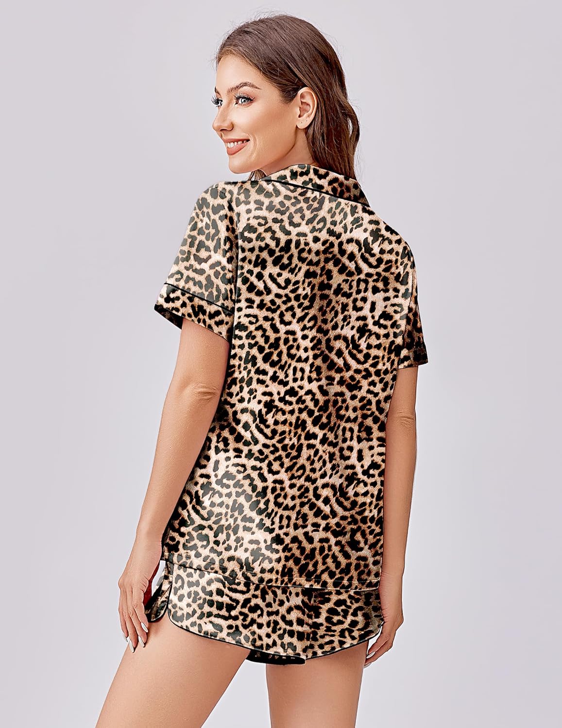 Leopard print satin pajama set, button-front top and matching shorts, tan/black