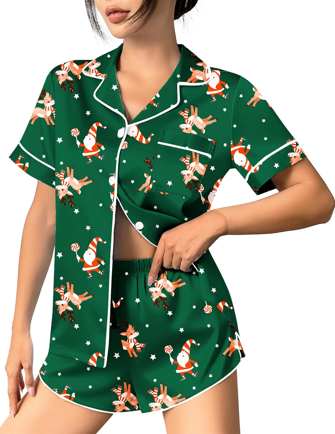 Green satin pajama set with holiday gnome and candy-cane print button-up top and shorts