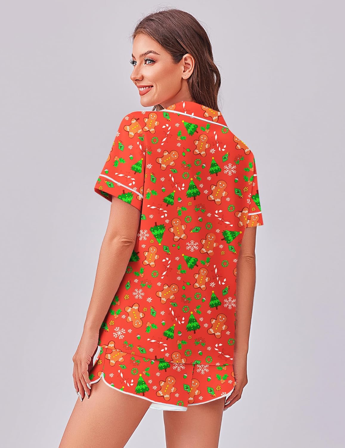 Back view: red Christmas gingerbread print pajama set with matching shorts