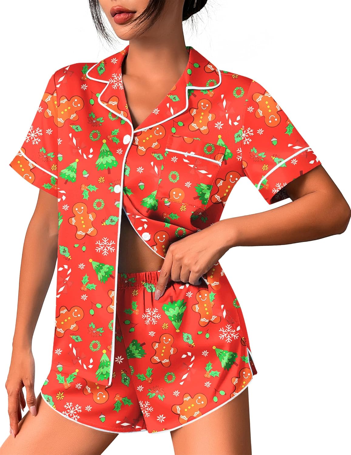 Red Christmas gingerbread print silk satin pajama set, button-up top and shorts