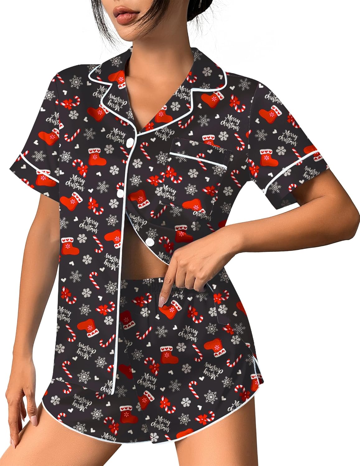 Christmas-print sleep set, black button-front shirt and matching elastic shorts